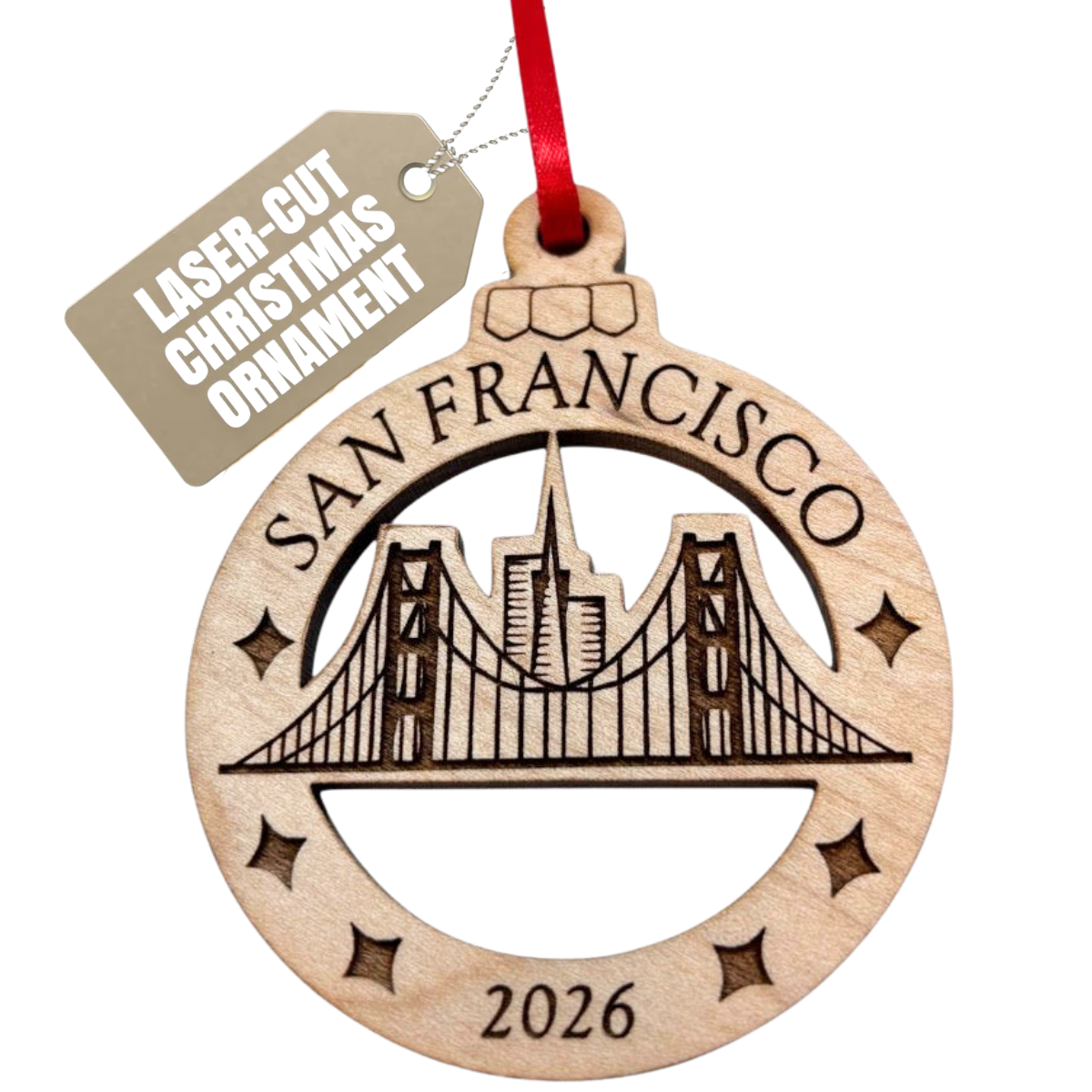 San Francisco Ornament in Laser Cut Wood, Golden Gate Bridge Travel Souvenir or Gift 2026, Comes in Gift Box