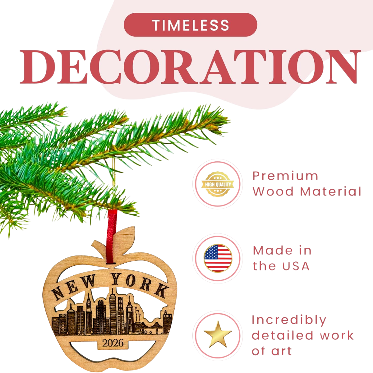 New York Ornament in Laser Cut Wood, NYC Big Apple Travel Souvenir or Gift 2026, Comes in Gift Box