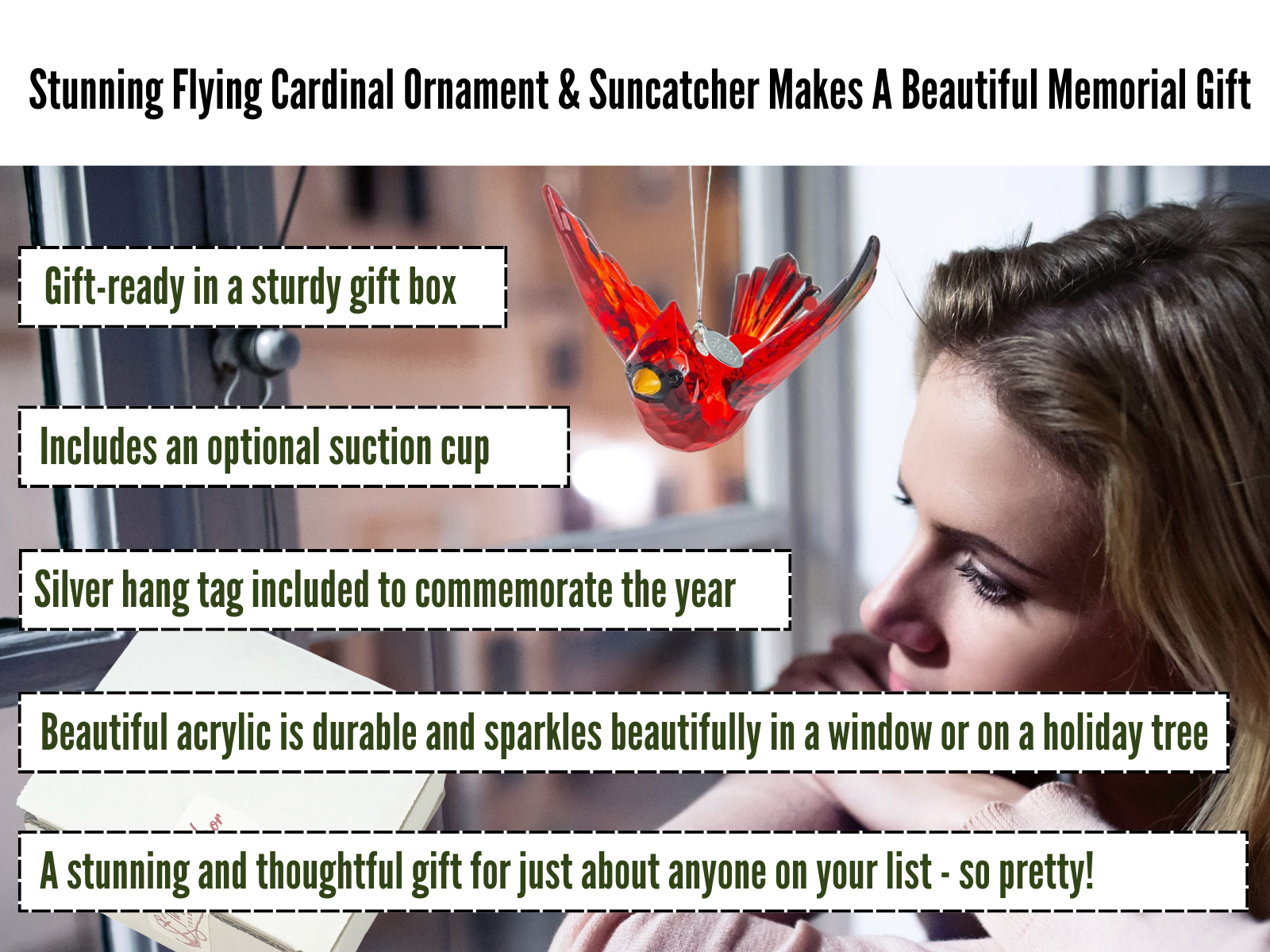 026 Flying Cardinal Memorial Gift, Red Bird Cardinal Ornament Hanging Acrylic Crystal Suncatcher with Year Hangtag, Suction Cup & Gift Boxm Heaven