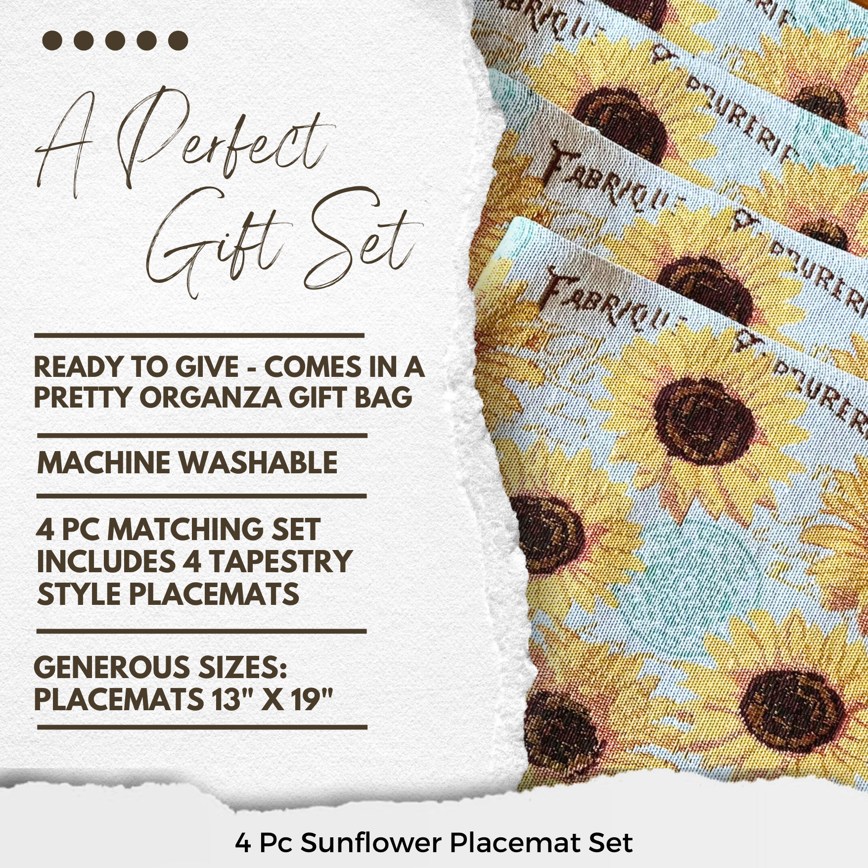 Sunflower Placemats 4 Pc Set - Beautiful Tapestry Style Design - Comes in an Organza Bag