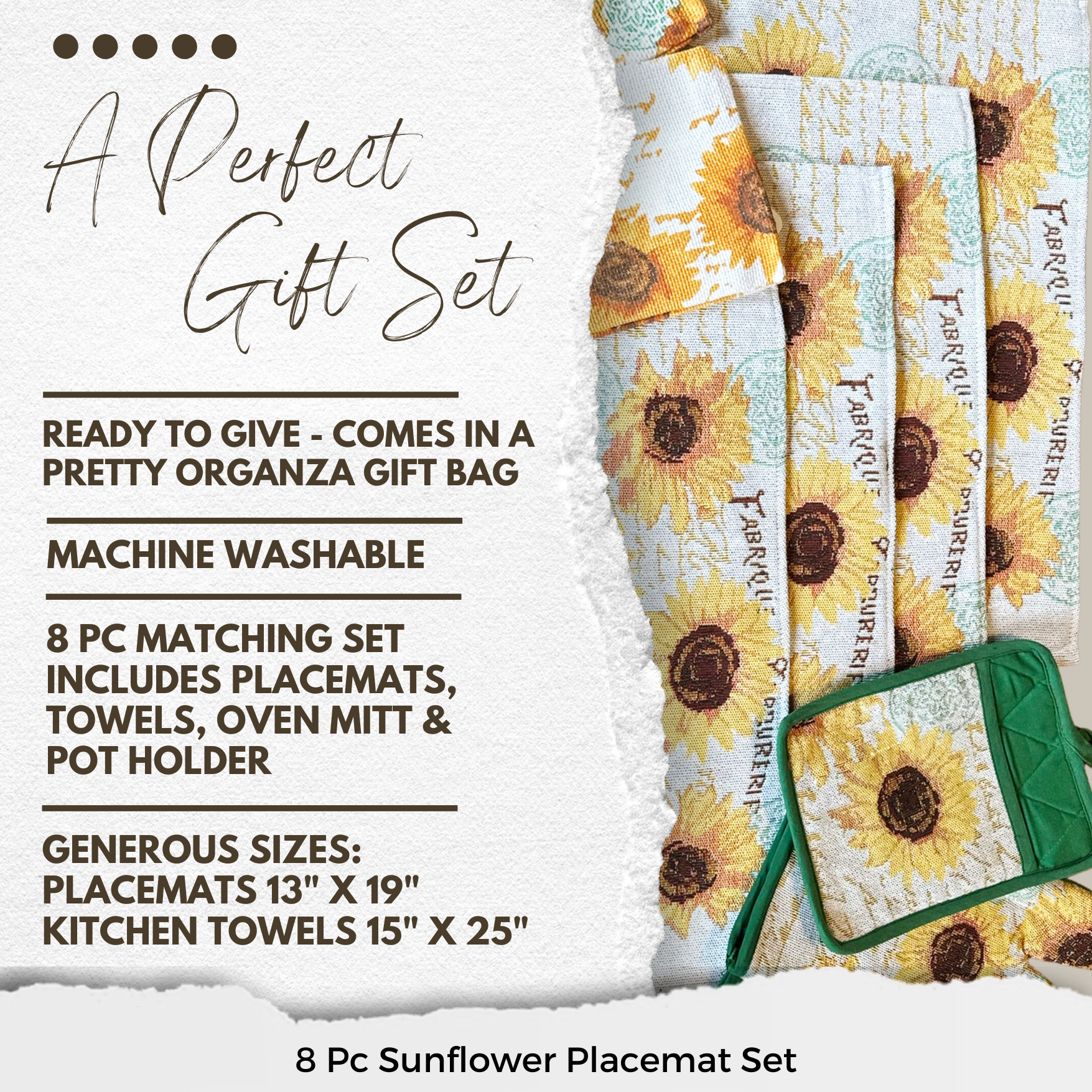 Sunflower Placemat & Kitchen Towel Set - 8 Pc Set - Comes in an Organz –  Twisted Anchor Trading Company