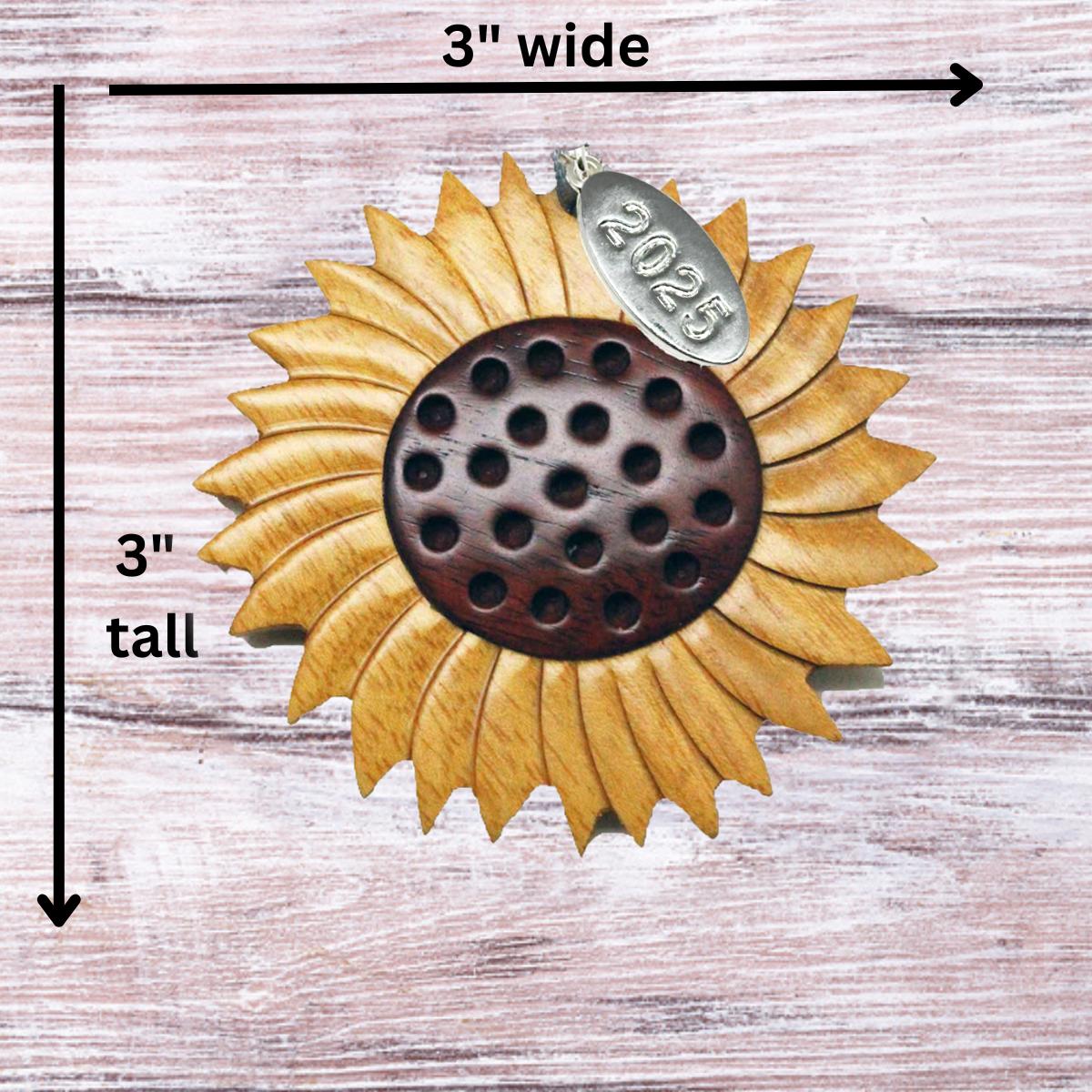 Sunflower Ornament 2025 Two-Tone Wood Intarsia Design - Sunflower Gifts for Women - Comes in A Gift Box