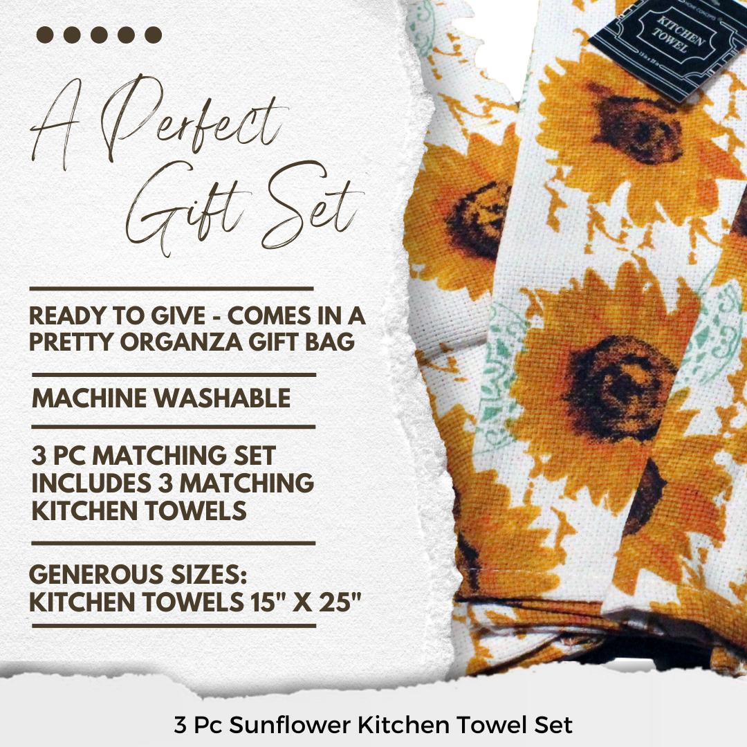 Sunflower Kitchen Towel Set - 3 Pc Matching Towel Gift Set - Comes in a Gift Bag