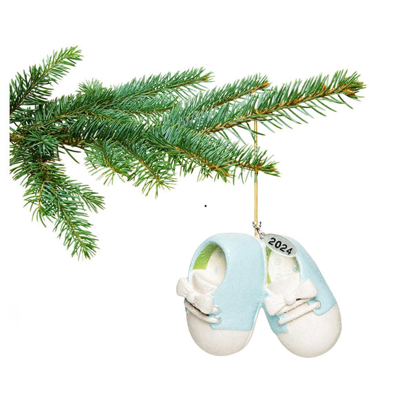 Baby Boy Shoe Personalized Ornament Babys First Christmas 2024 Blue Baby Booties - Can Be Personalized - with Gift Box