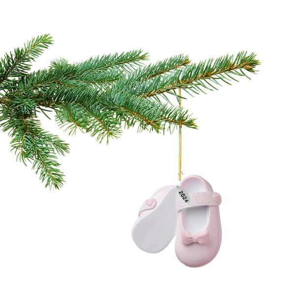 3" Baby Girl Shoe Ornament Babys First Christmas Ornament 2024 Pink Baby Booties - Can Be Personalized at Home - with Gift Box