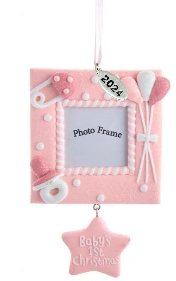 Baby's First Christmas Girl Ornament 2024 Photo Frame Pink Easy To Personalize