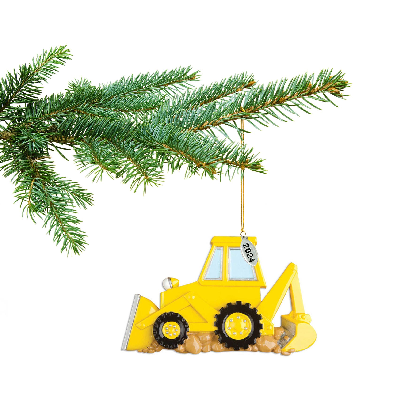 Yellow Backhoe Ornament 2025 - Construction Truck Ornament - Can Be Personalized at Home - Comes in Gift Box