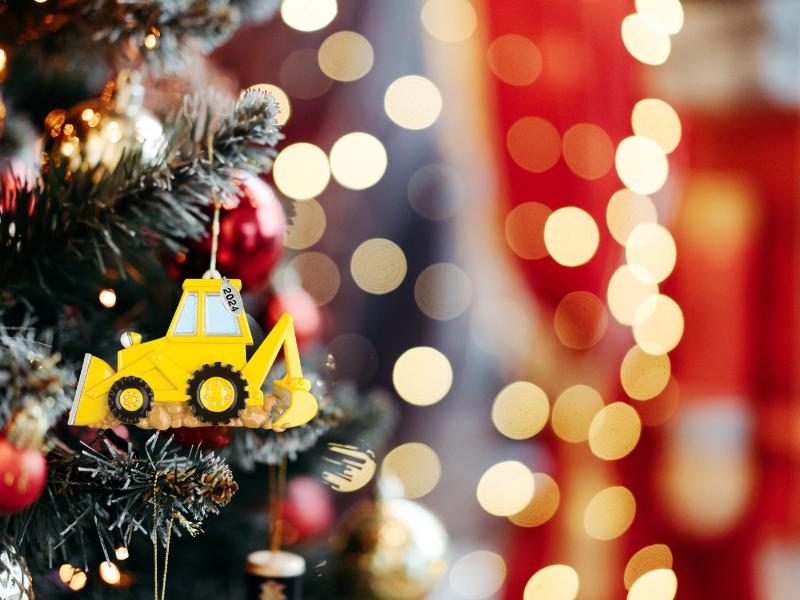 Yellow Backhoe Ornament 2025 - Construction Truck Ornament - Can Be Personalized at Home - Comes in Gift Box
