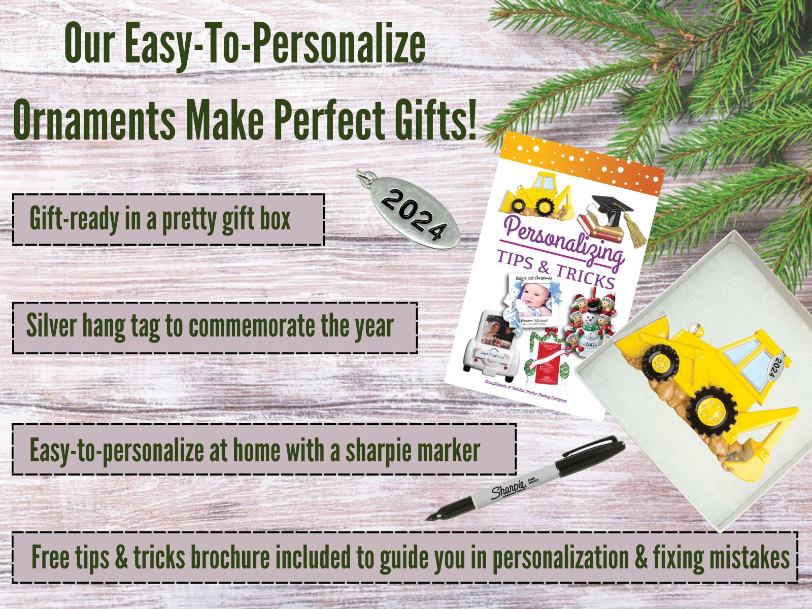 Yellow Backhoe Ornament 2025 - Construction Truck Ornament - Can Be Personalized at Home - Comes in Gift Box