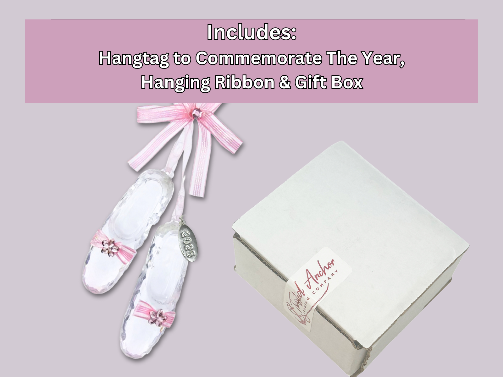 Clear Acrylic Ballerina Ornaments with Ribbon and 2025 Hangtag - Ballet Shoe Christmas Ornaments for Tree Decoration - Fairy Godmother Shoe Ornament in Gift Box