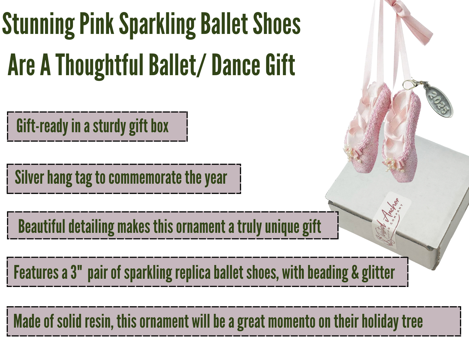 Pink Ballet Shoes Christmas Ornament, with Sparkling Glitter 2025, In Gift Box
