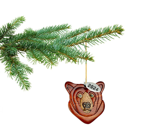 Bear Christmas Ornament 2024 Two-Tone Wood Intarsia Design, In A Gift Box