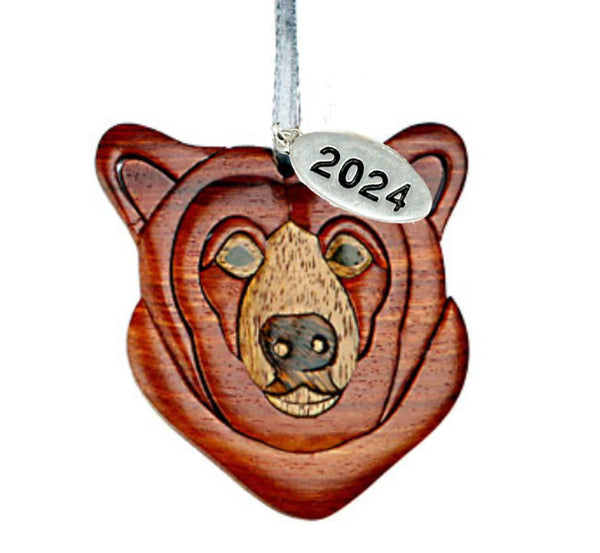 Bear Christmas Ornament 2024 Two-Tone Wood Intarsia Design, In A Gift Box