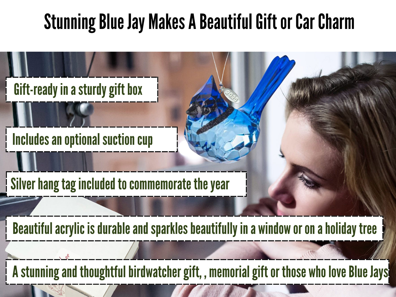 Stunning Blue Jay Sparkling Suncatcher, Acrylic Bird Ornament 2025, Comes w/ Suction Cup & Gift Box