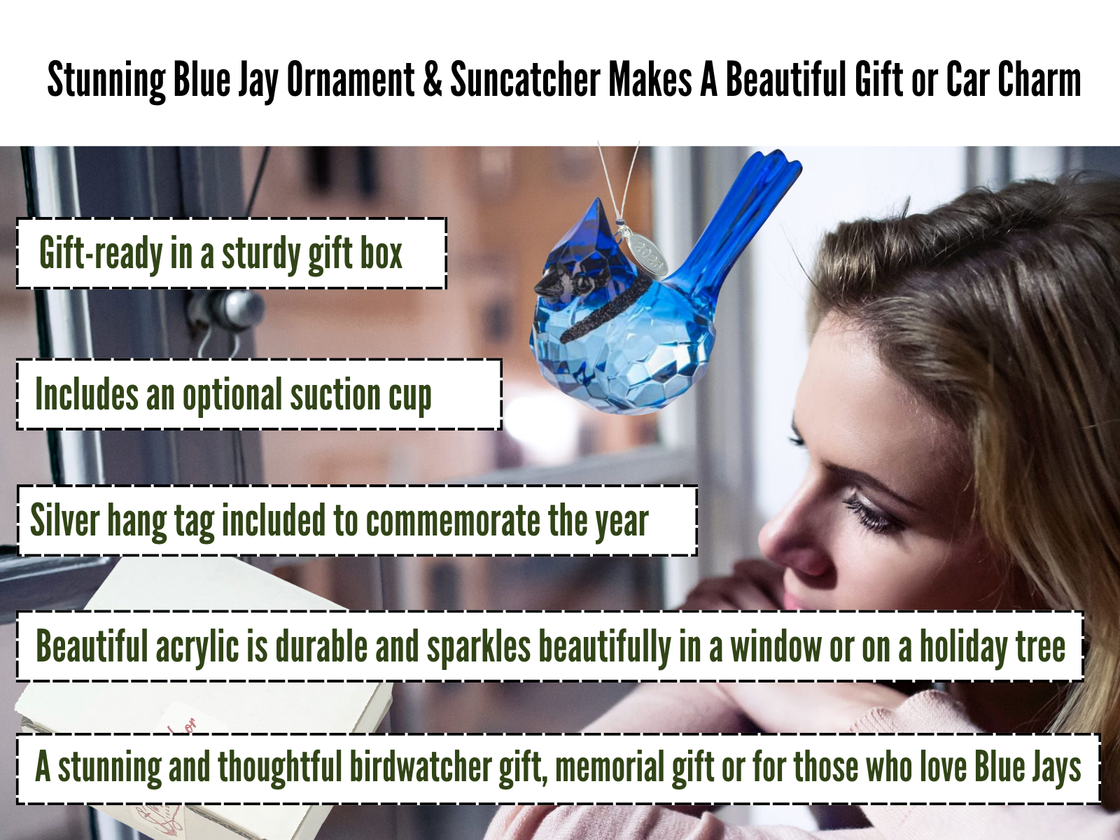Stunning Blue Jay Sparkling Suncatcher, Acrylic Bird Ornament 2026, Comes w/ Suction Cup & Gift Box