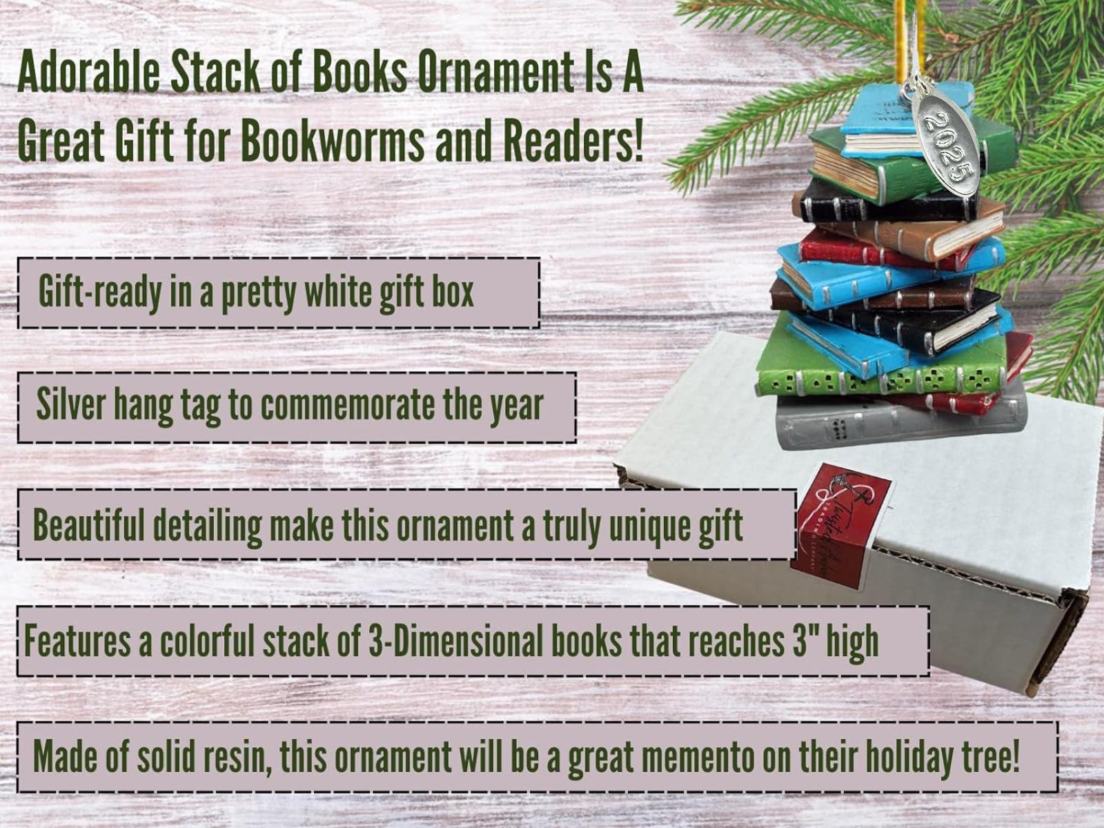 2025 Bookworm Ornament, Library Ornament, Librarian Christmas Ornament or Teacher Gift - Stack of Books