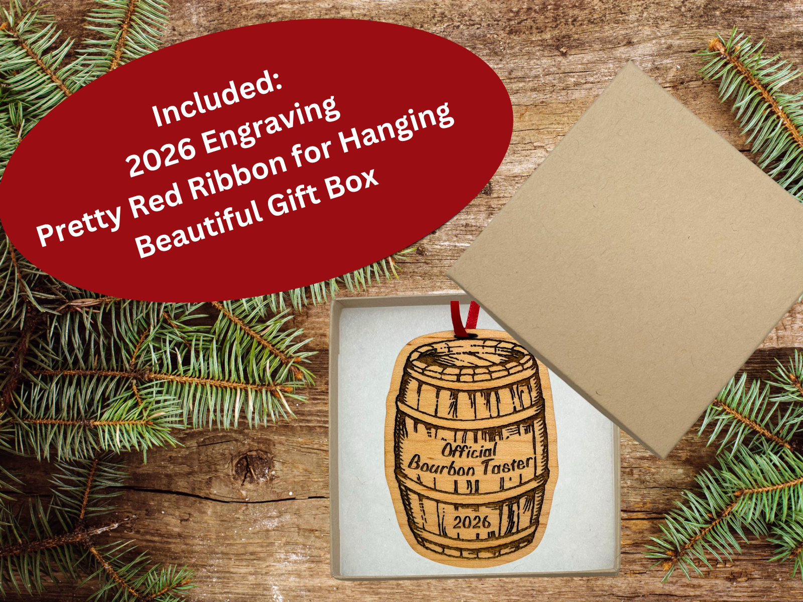 Bourbon Christmas Ornament "Official Bourbon Taster" 2026, Beautiful Laser Cut Wood, In Gift Box)
