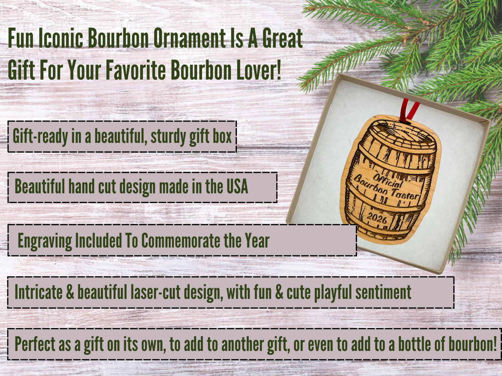 Bourbon Christmas Ornament "Official Bourbon Taster" 2026, Beautiful Laser Cut Wood, In Gift Box)