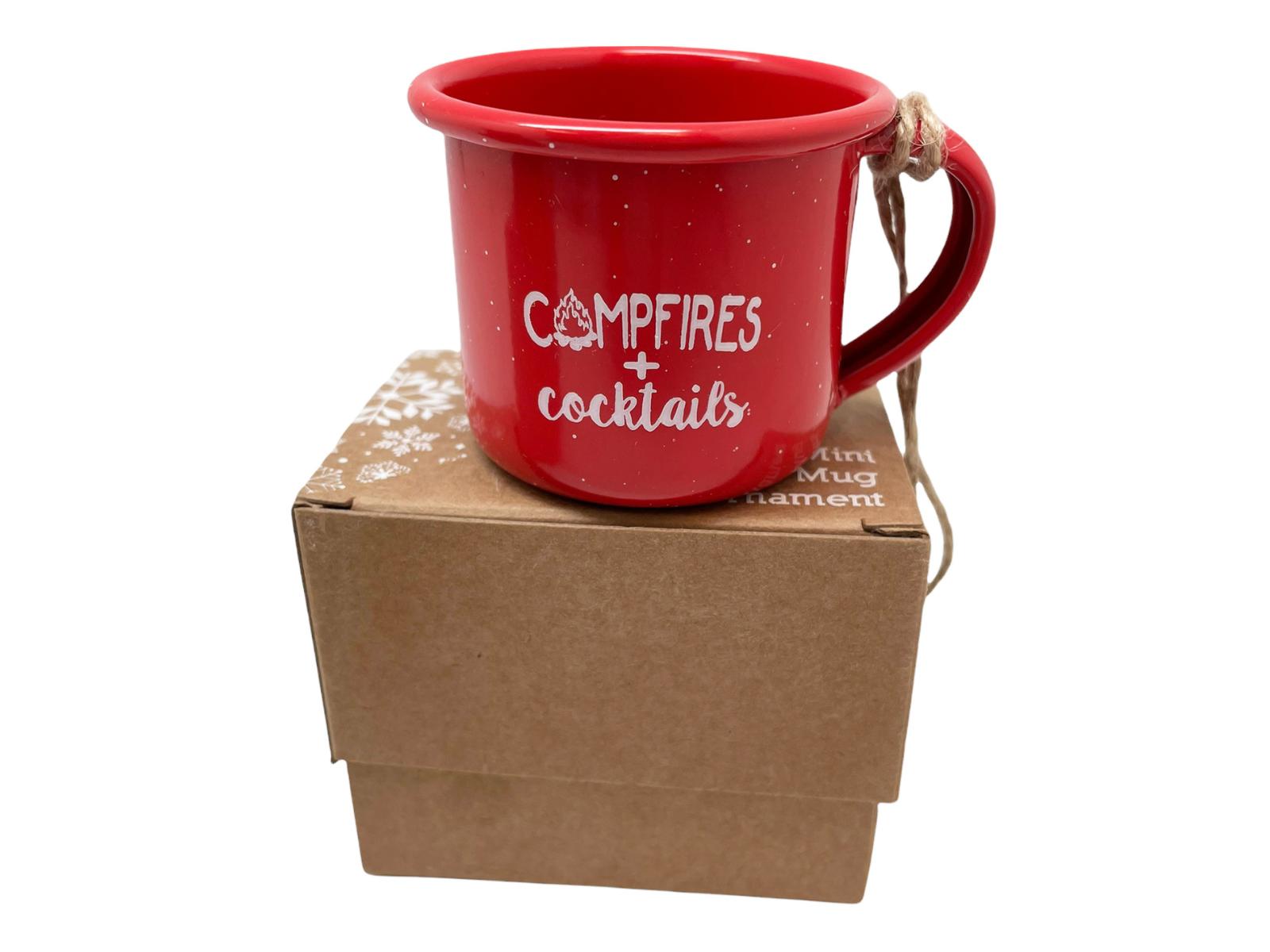 Camping Ornaments 2024 - 3 Inch Mini Camp Mug Ornament, Backpacking, Outdoors, Campfire, Hiking Ornament - Comes in a Gift Box so It's Ready for Giving (Red Mini Mug - Campfires & Cocktails)