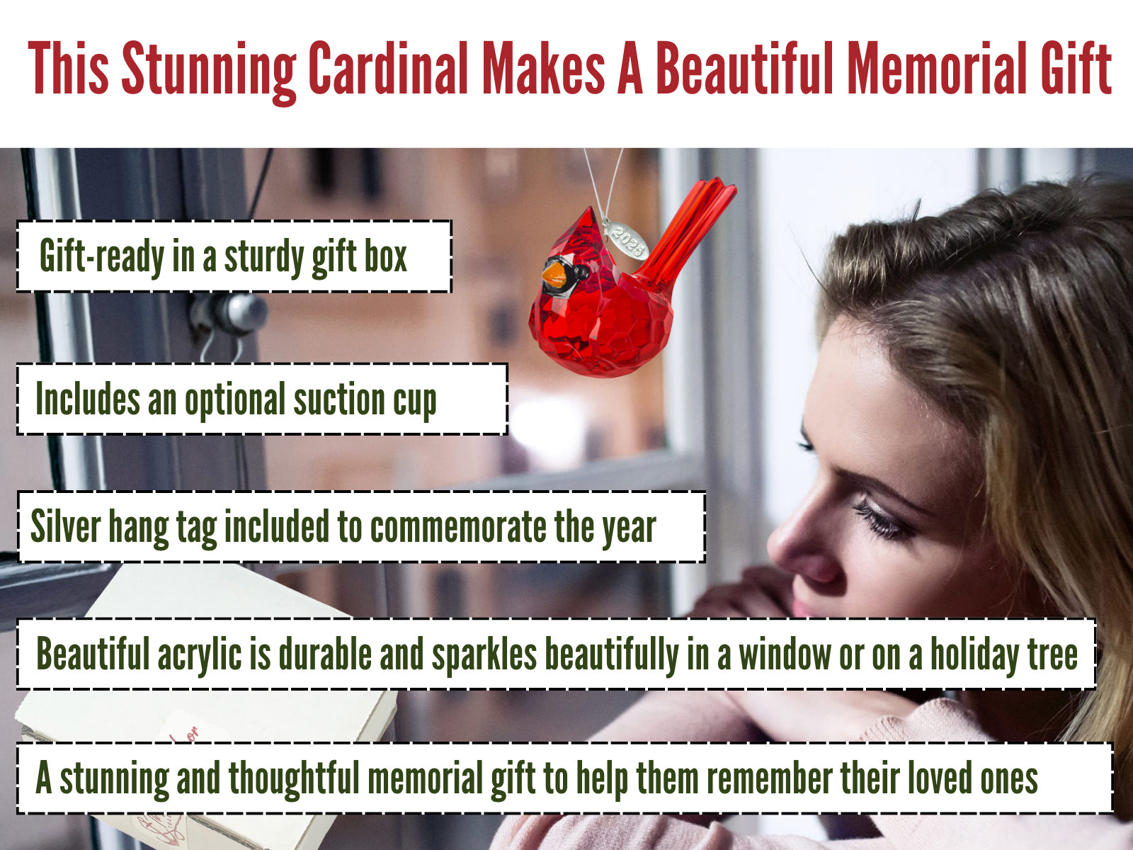 Cardinal Memorial Gift, Red Bird Cardinal Acrylic Sparkling Suncatcher Ornament, Comes w Suction Cup & Gift Box