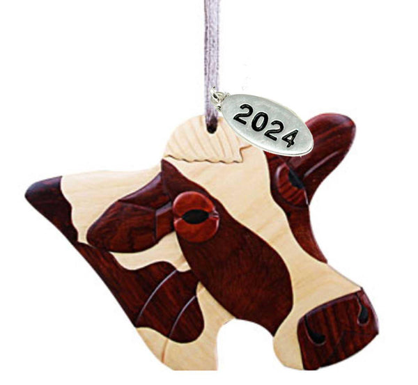 Cow Christmas Ornaments 2024 Two-Tone Wood Cow Ornament - Intarsia Design Farm