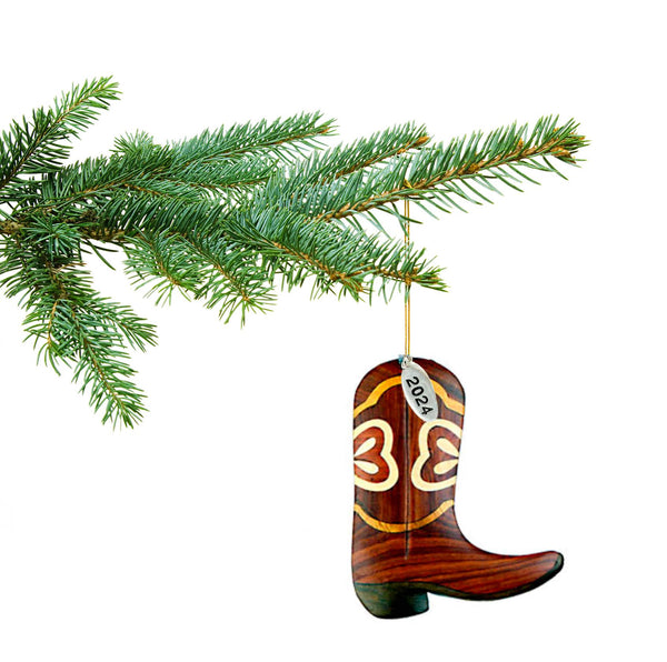 Cowboy Boot Ornament 2024 - Two-Tone Wood Intarsia Handcrafted Design