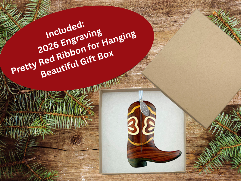 2026 Cowboy Boot Ornament - Two-Tone Wood Christmas Ornament - Intarsia Design - Western Ornament - Comes in A Gift Box So It's Ready for Giving