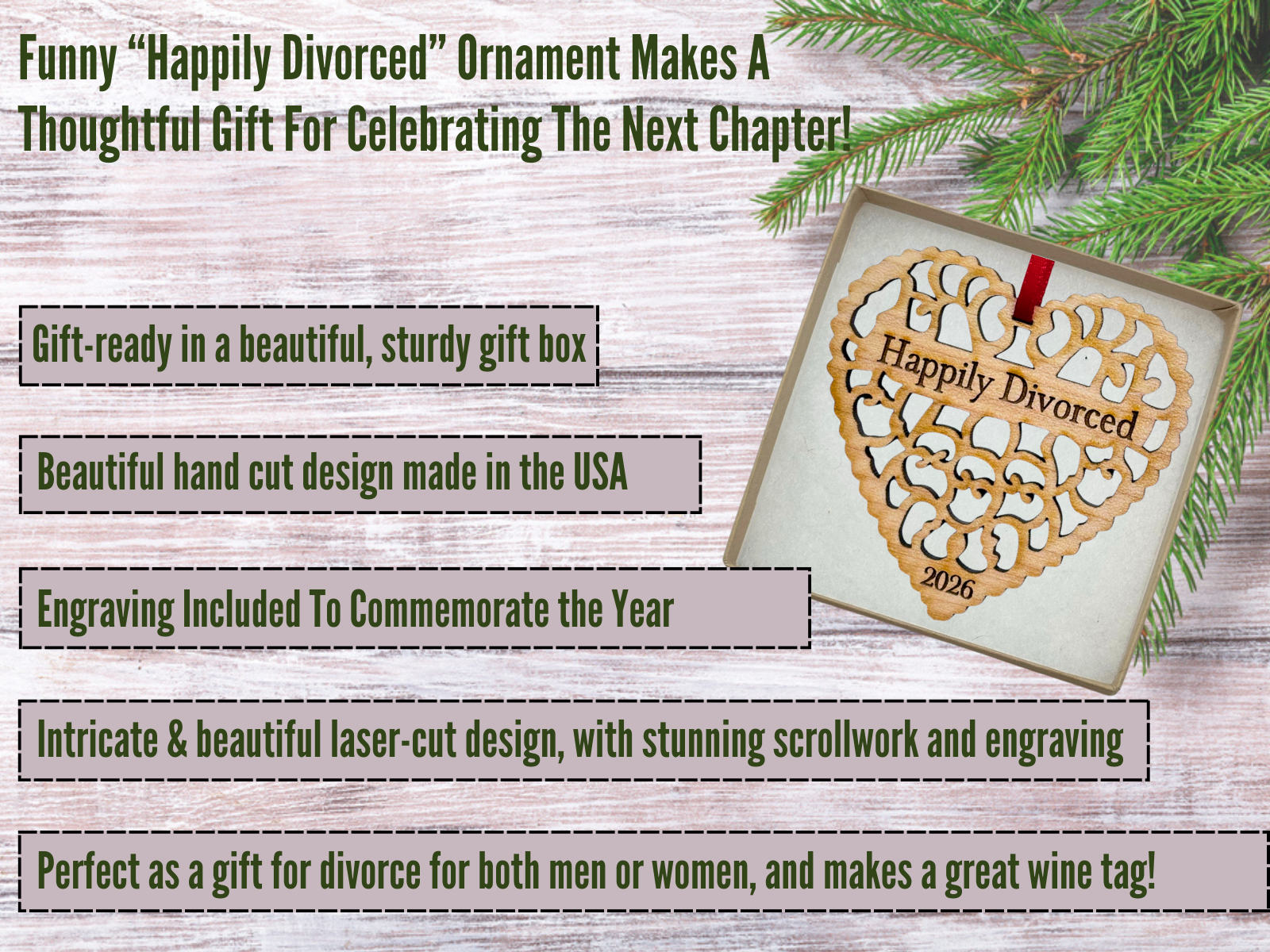 Happily Divorced 2026 Christmas Ornament, Funny Divorce Gift for Men or Women, Divorce Ornament, Gift for Divorced Woman or Man - Laser Cut Wood Ornament, Comes in Gift Box
