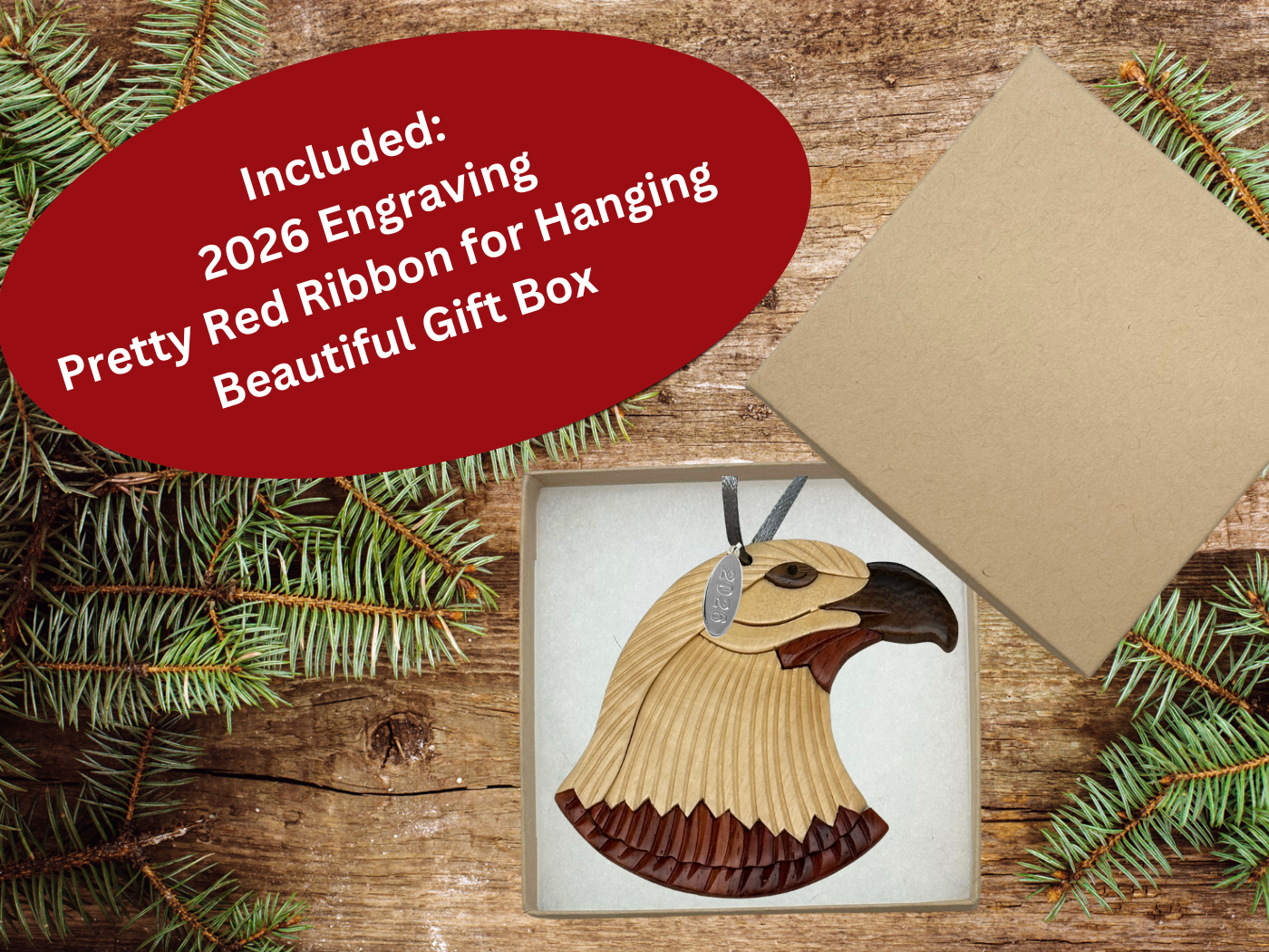 2026 Two-Tone Intarsia Wood Bald Eagle Ornament - 3" Size - Comes in Gift Box