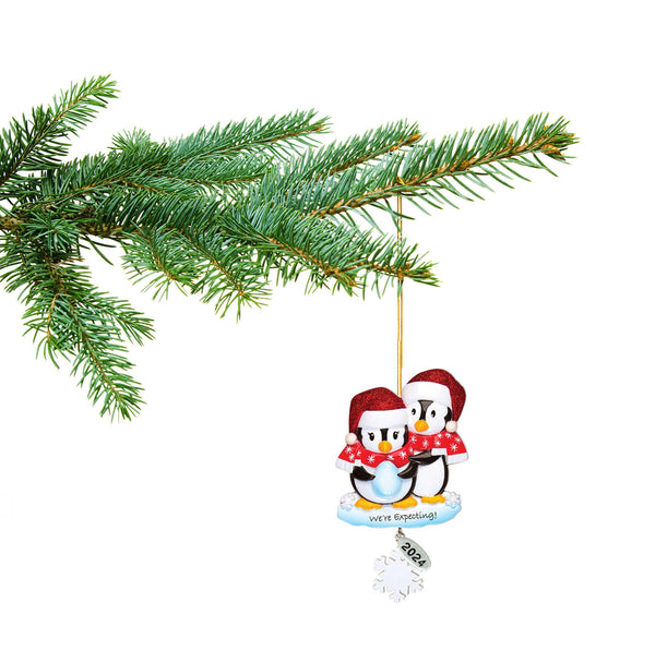 We're Expecting Penguin Couple Pregnancy Christmas Ornament 2024 -To Personalize