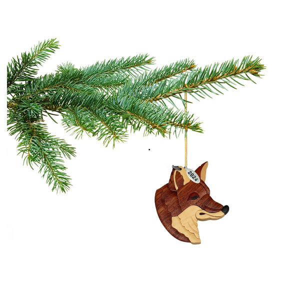 Fox Christmas Ornament 2024 Two-Tone Wood Intarsia Design - Comes in Gift Box