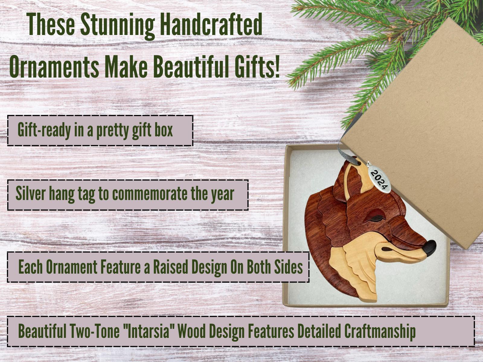 Fox Christmas Ornament 2024 Two-Tone Wood Intarsia Design - Comes in Gift Box