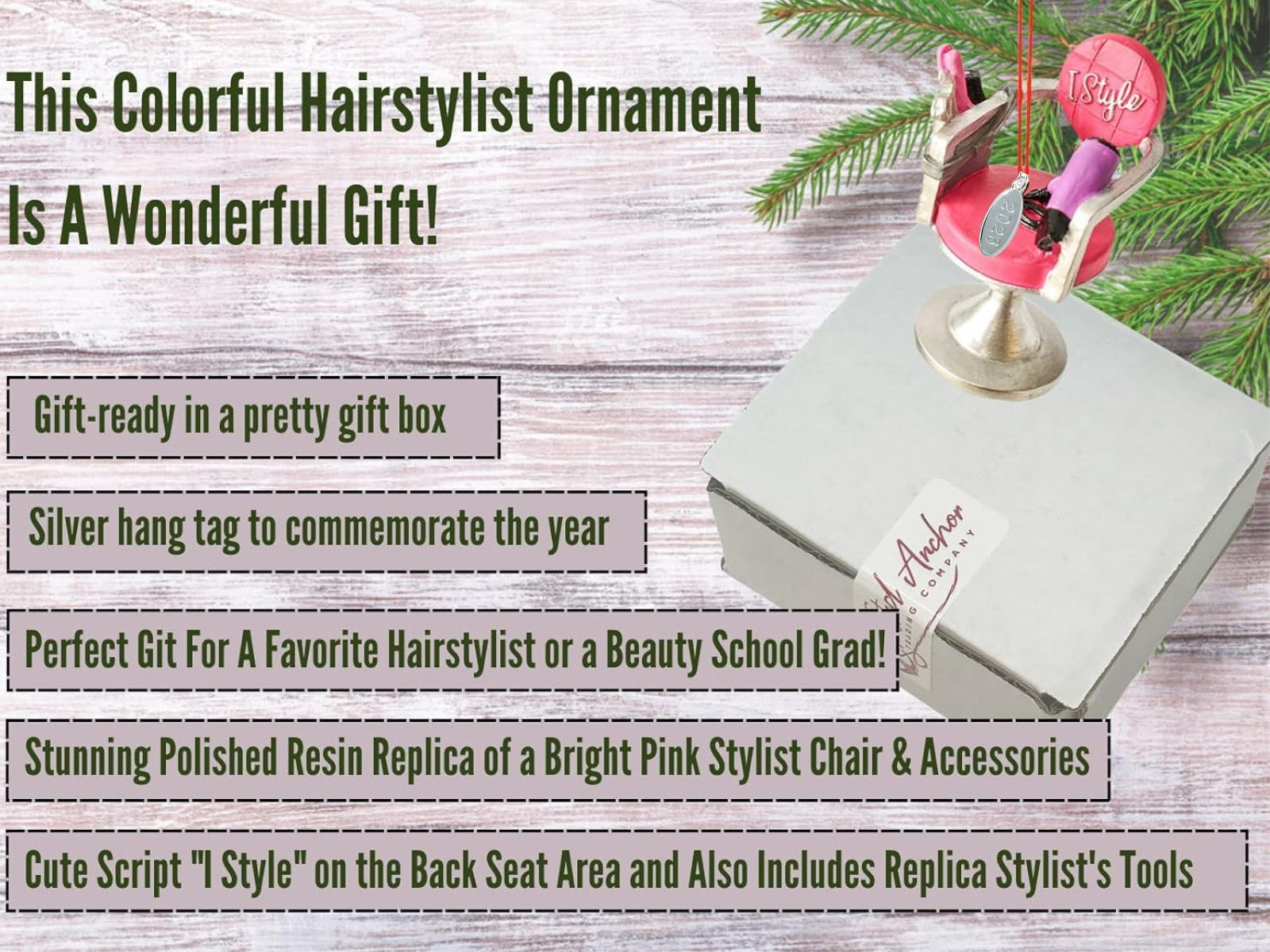 Hairdresser Christmas Ornament - Hairstylist Chair with 2026 Tag, In Gift Box
