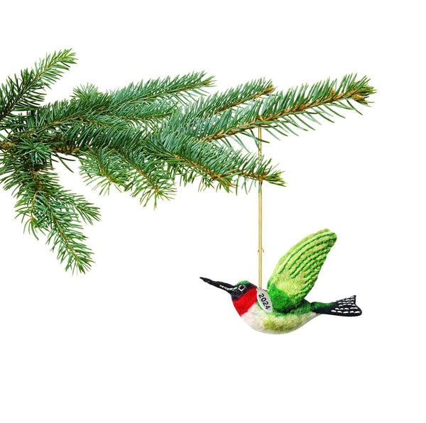 Felt Christmas Ornaments - Ruby Throated Hummingbird Ornament 2024 - Fair Trade, Hand Felted Made in Nepal - Comes in a Gift Bag so It's Ready for Giving