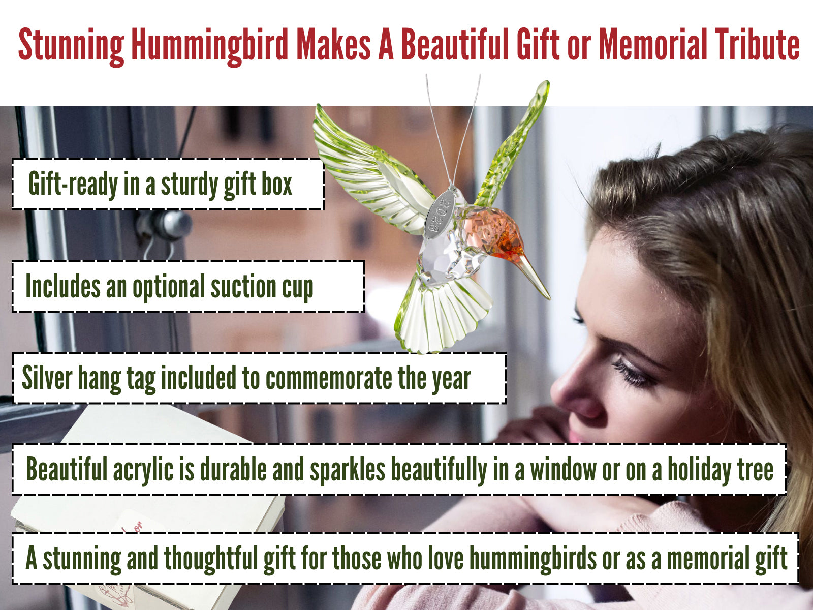 2026 Red-Throated Hummingbird Acrylic Ornament, Stunning Hummingbird Suncatcher or Hummingbird Memorial Ornament, with Suction Cup, hangtag and Gift Box