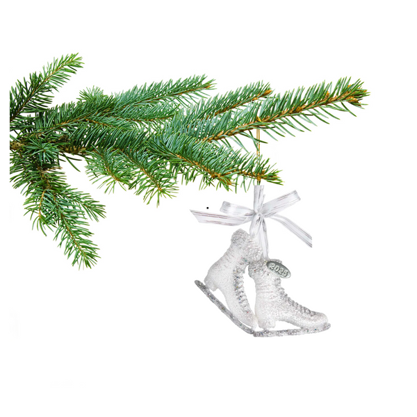Ice Skate Ornament Glittre, White Ribbon Bow, 2025 Hangtag, Comes in Gift Box