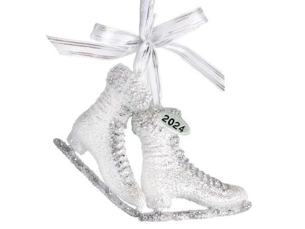 Ice Skate Ornament Glittre, White Ribbon Bow, 2024 Hangtag, Comes in Gift Box