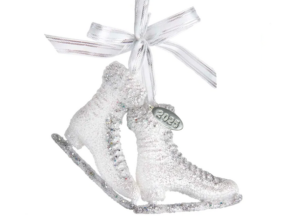 Ice Skate Ornament Glittre, White Ribbon Bow, 2025 Hangtag, Comes in Gift Box