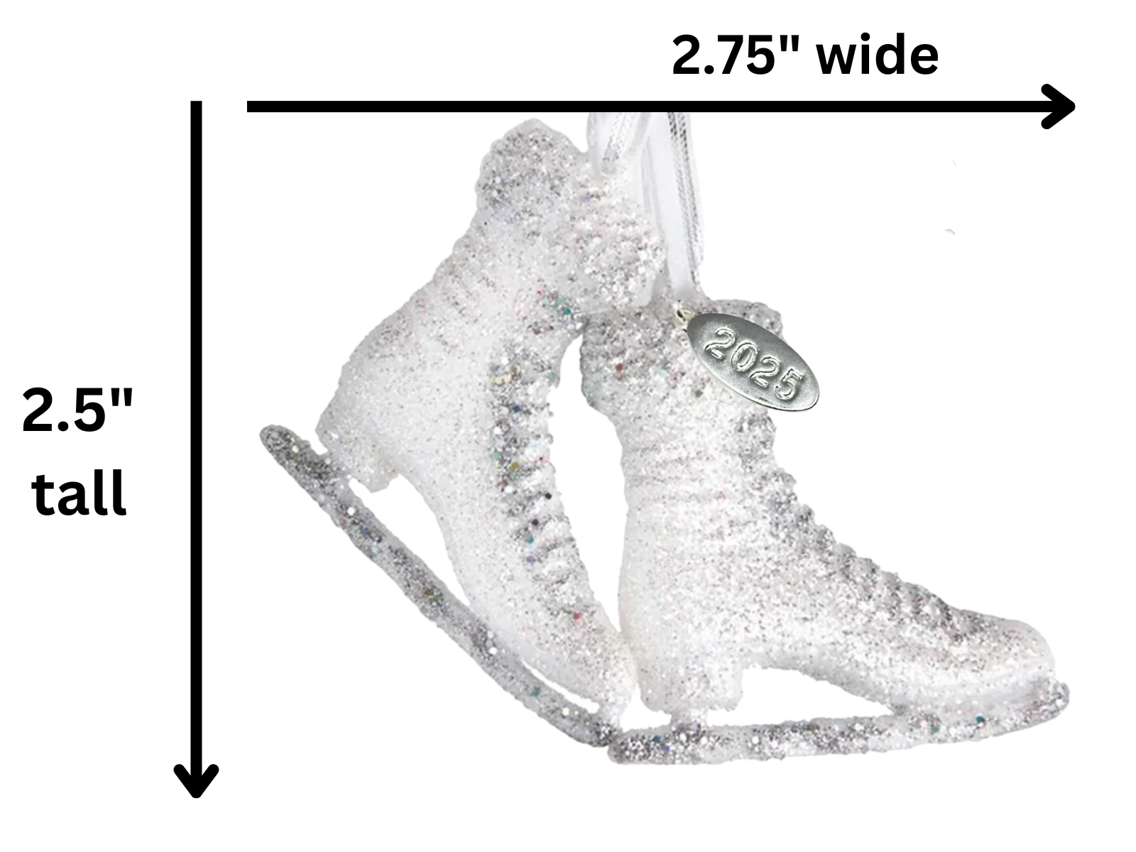 Ice Skate Ornament Glittre, White Ribbon Bow, 2025 Hangtag, Comes in Gift Box