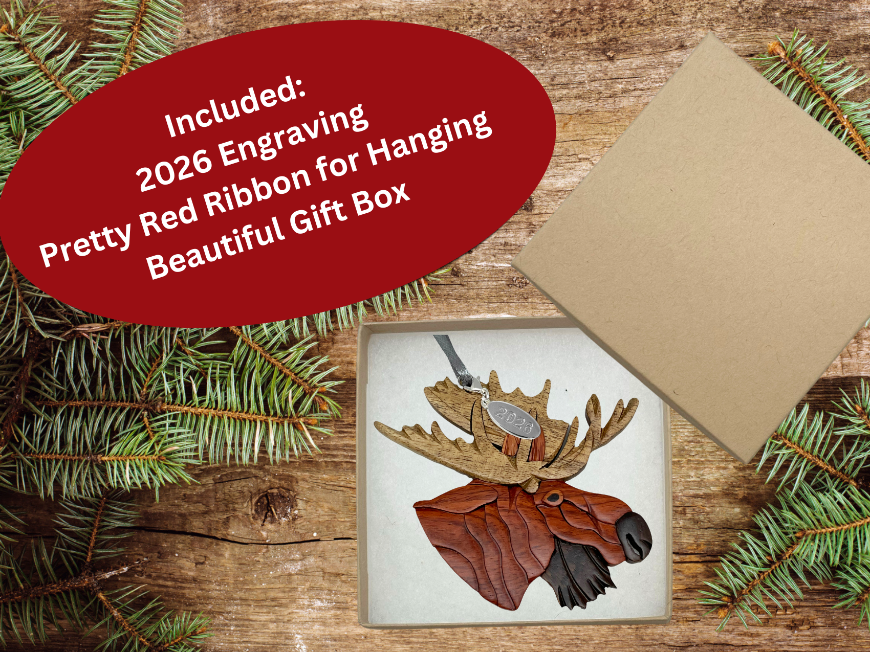 2026 Moose Ornament Two-Tone Wood Intarsia Design - Great Big Game Hunter Gift Idea - Comes in a Gift Box