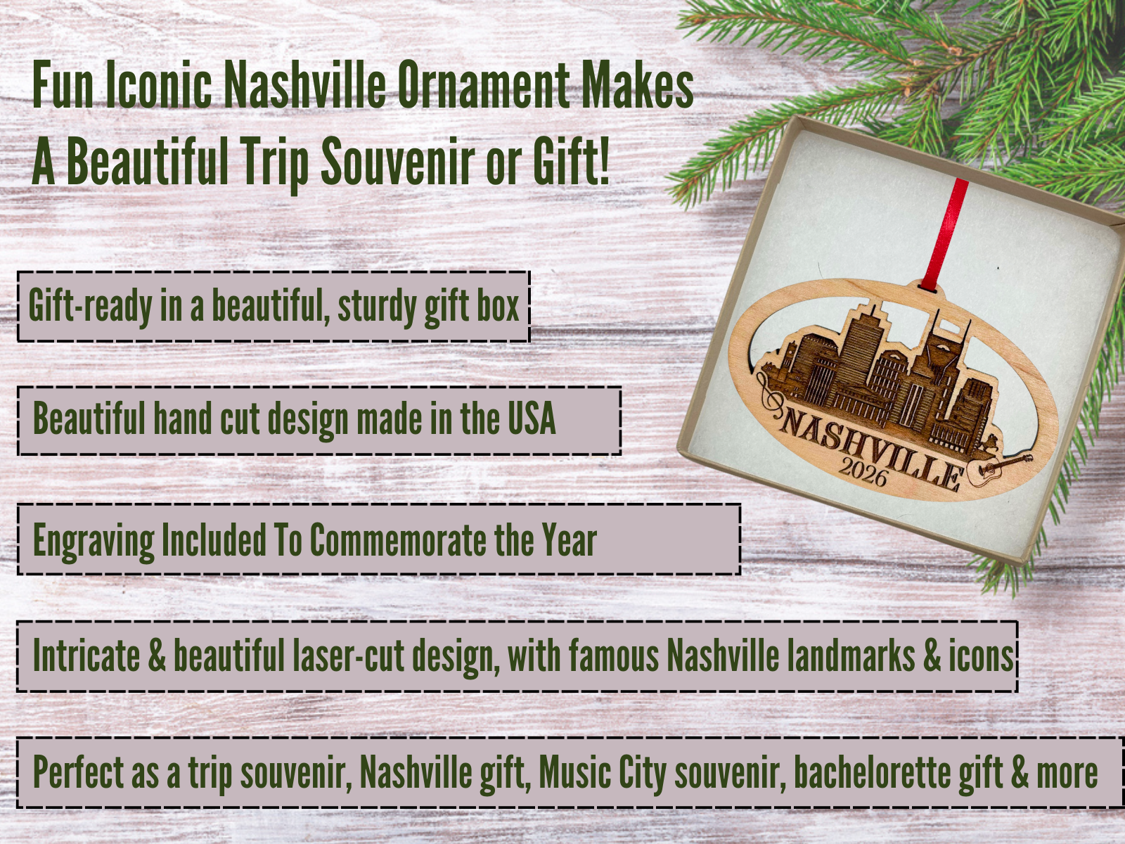 Nashville Christmas Ornament in Laser Cut Wood, Great Travel Souvenir 2026, Comes in Gift Box