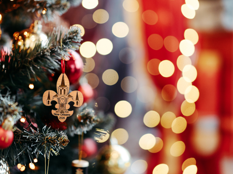 New Orleans Christmas Ornament, Big Easy, Mardi Gras Souvenir with Fleur de Lis and Click Tower Icon, Beautiful Laser Cut Wood – Great Stocking Stuffer, New OrleansTrip Idea, Comes in Gift Box