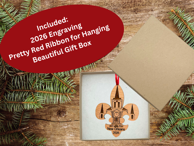 New Orleans Christmas Ornament, Big Easy, Mardi Gras Souvenir with Fleur de Lis and Click Tower Icon, Beautiful Laser Cut Wood – Great Stocking Stuffer, New OrleansTrip Idea, Comes in Gift Box