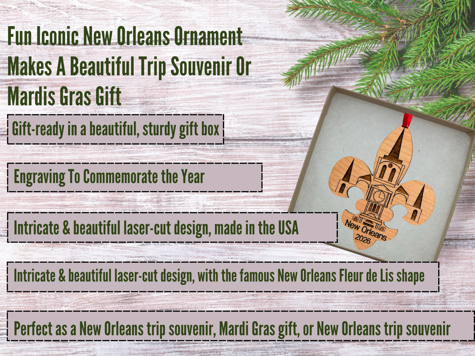 New Orleans Christmas Ornament, Big Easy, Mardi Gras Souvenir with Fleur de Lis and Click Tower Icon, Beautiful Laser Cut Wood – Great Stocking Stuffer, New OrleansTrip Idea, Comes in Gift Box