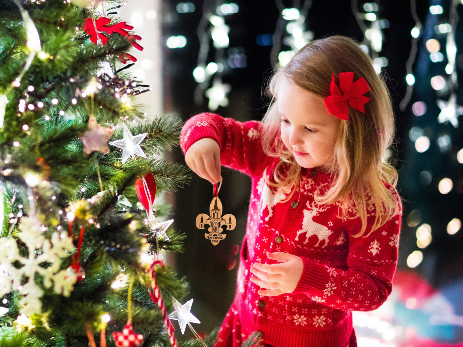 New Orleans Christmas Ornament, Big Easy, Mardi Gras Souvenir with Fleur de Lis and Click Tower Icon, Beautiful Laser Cut Wood – Great Stocking Stuffer, New OrleansTrip Idea, Comes in Gift Box