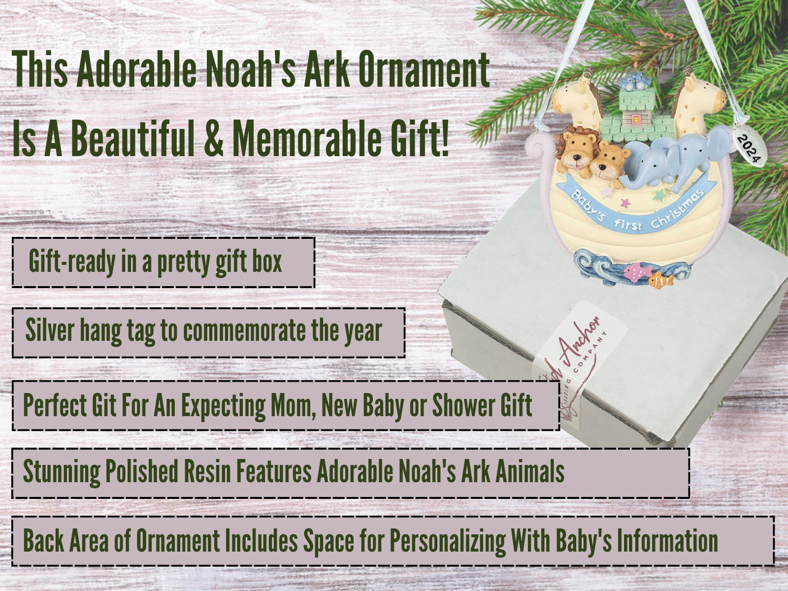 Babys First Christmas Ornament 2023, Noahs Ark - Can Be Personalized with Baby's Info - Comes in A Gift Box