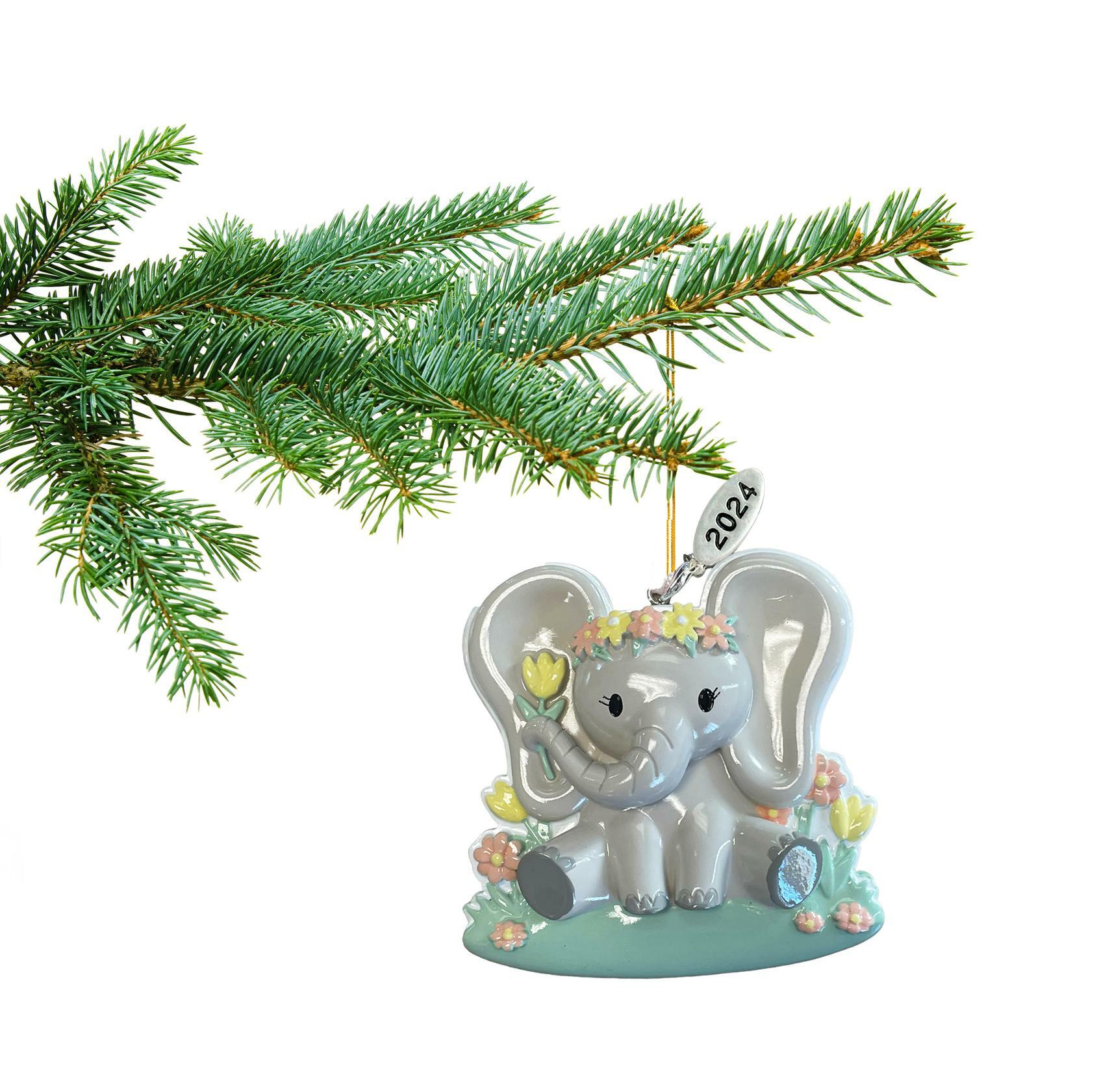 2024 Baby Christmas Ornament, Elephant Baby Girl Christmas Ornament or Happy Birthday Ornament - Can Be Personalized at Home, Comes in a Gift Box