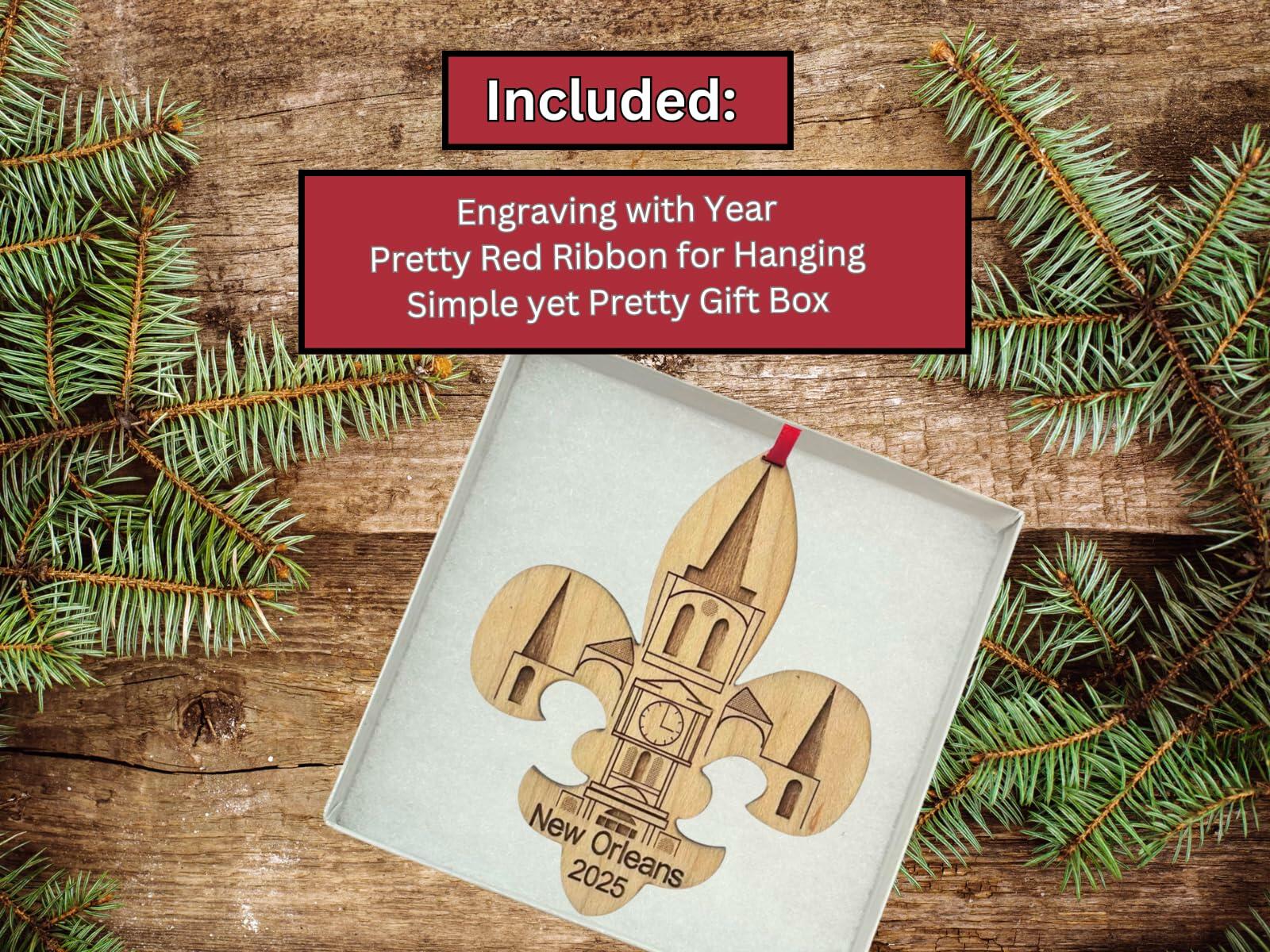 New Orleans Christmas Ornament, Big Easy, Mardi Gras Souvenir with Fleur de Lis and Click Tower Icon, Beautiful Laser Cut Wood – Great Stocking Stuffer, New OrleansTrip Idea, Comes in Gift Box