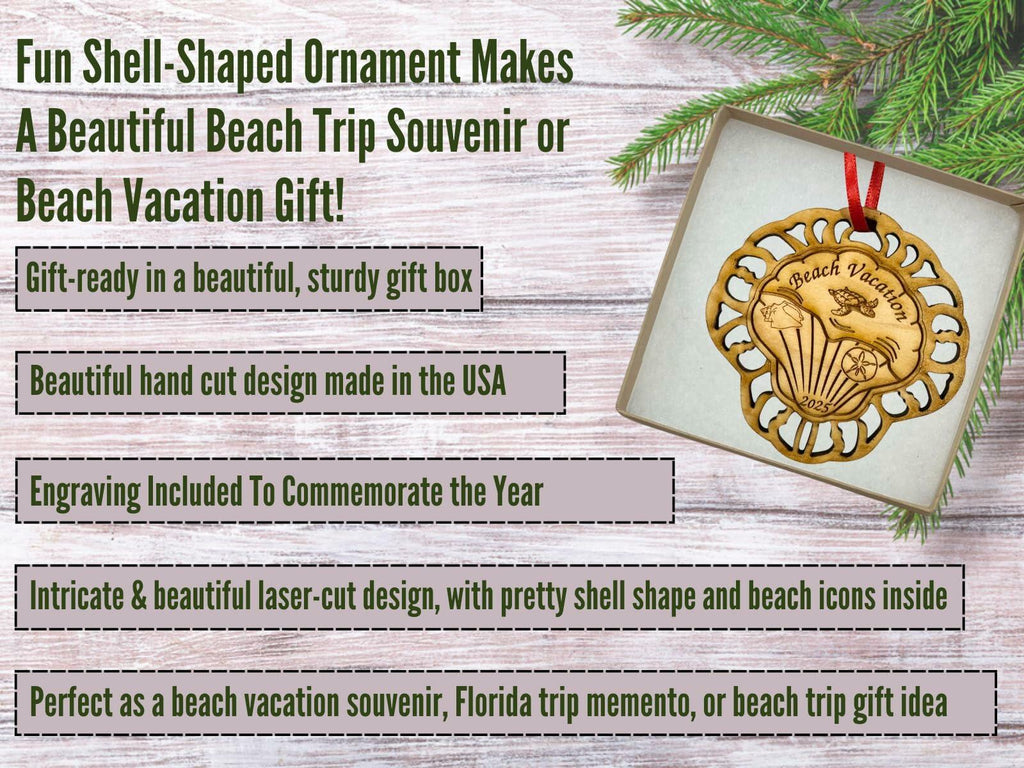 Beach Ornaments, Beach Christmas Ornament 2025 Seashells, Florida, Coastal Ornament - Beautiful Laser Cut Wood, Great Stocking Stuffer, Souvenir Idea, Comes in Gift Box