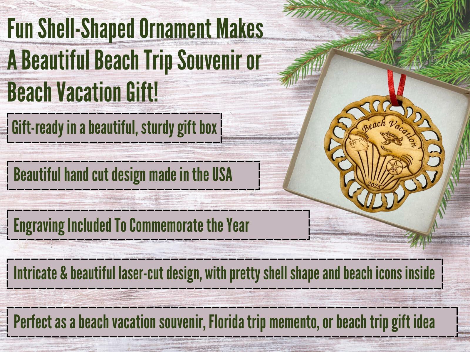 Beach Ornaments, Beach Christmas Ornament 2025 Seashells, Florida, Coastal Ornament - Beautiful Laser Cut Wood, Great Stocking Stuffer, Souvenir Idea, Comes in Gift Box